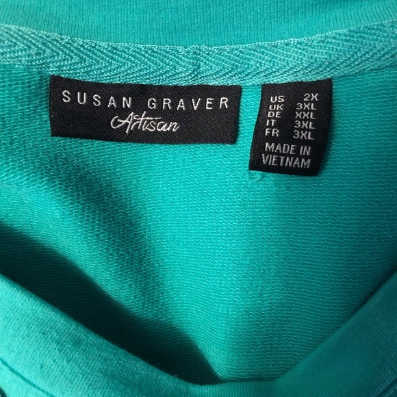 Susan Graver Artisan 2X Turquoise Green Blouse L/S Studded, Sequins, Rhinestones - Picture 4 of 6